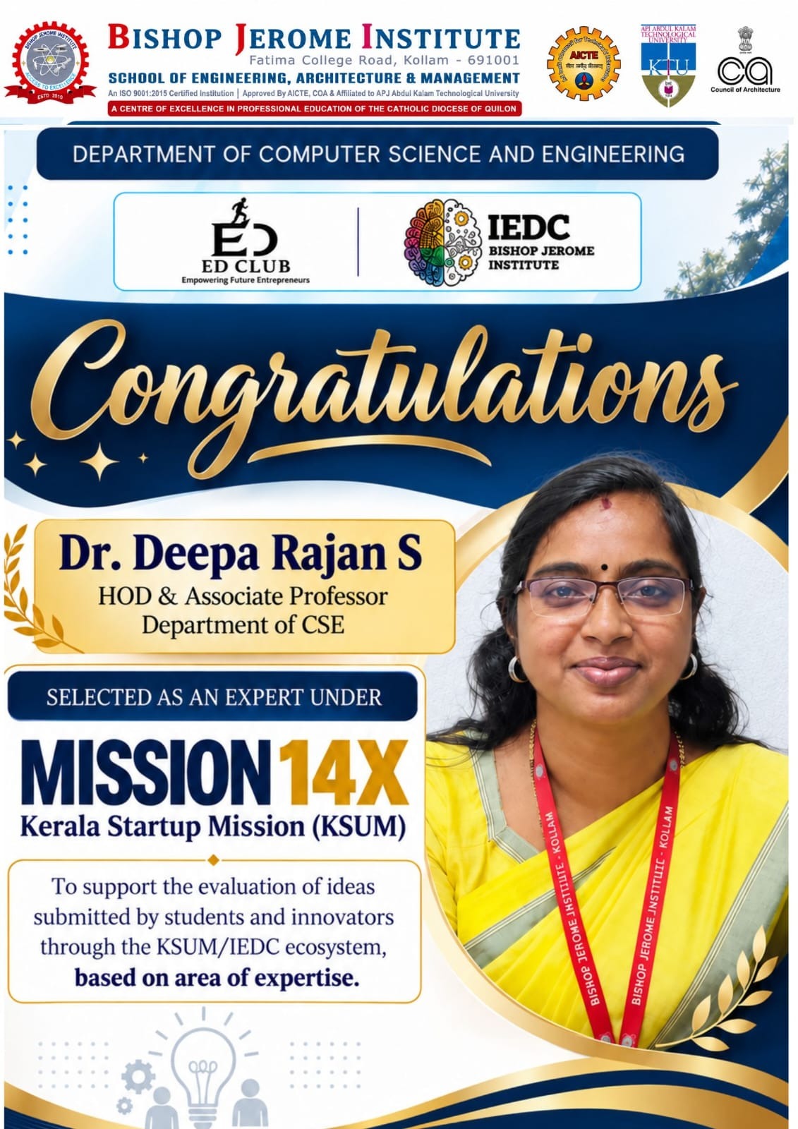 Congratulations to Dr. Deepa Rajan S on Selection as Expert Under KSUM’s Mission 14X Initiative